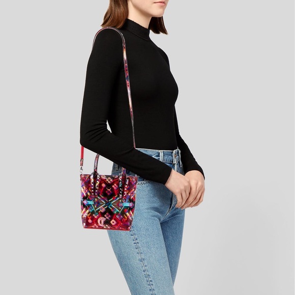 Louboutin: Holographic Patent Cabata Spiked Leather Mini Tote Crossbody Bag - Picture 3 of 17